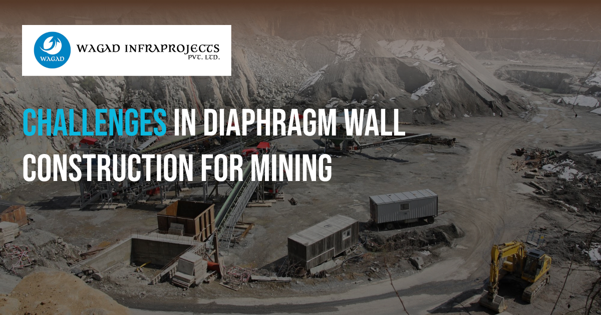 Diaphragm wall construction in the mining industry, showing heavy machinery and a mining site.