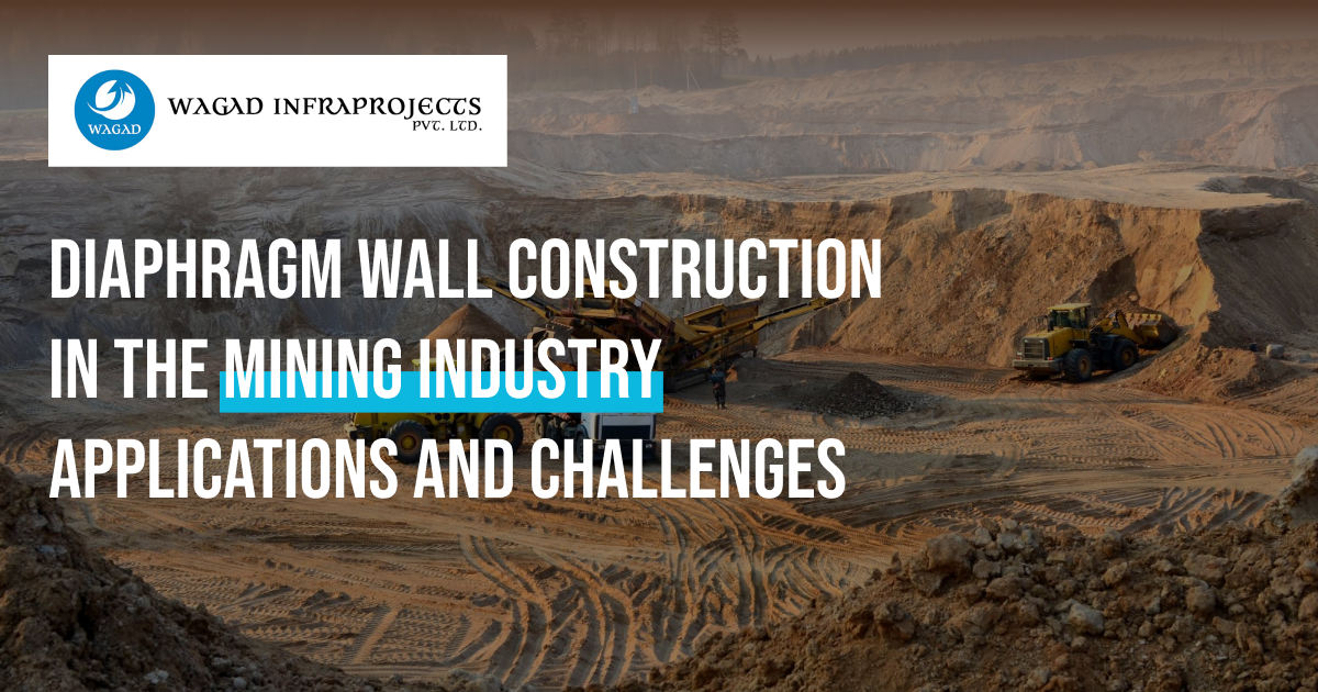 Diaphragm wall construction in the mining industry, showing heavy machinery and a mining site.