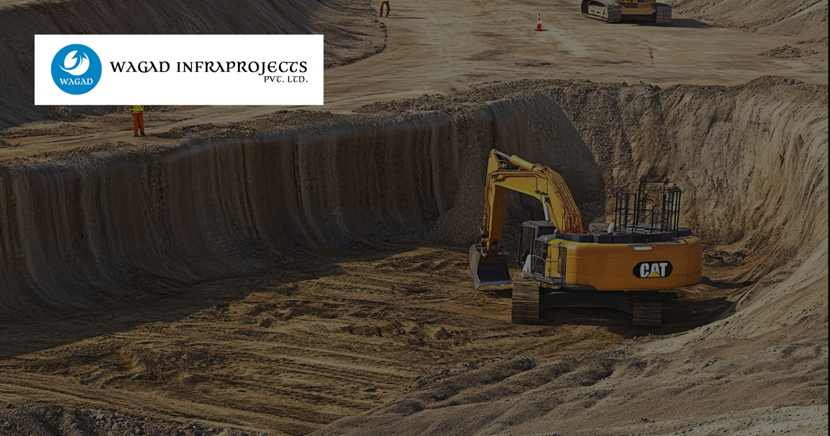 Construction site with excavator digging trench.